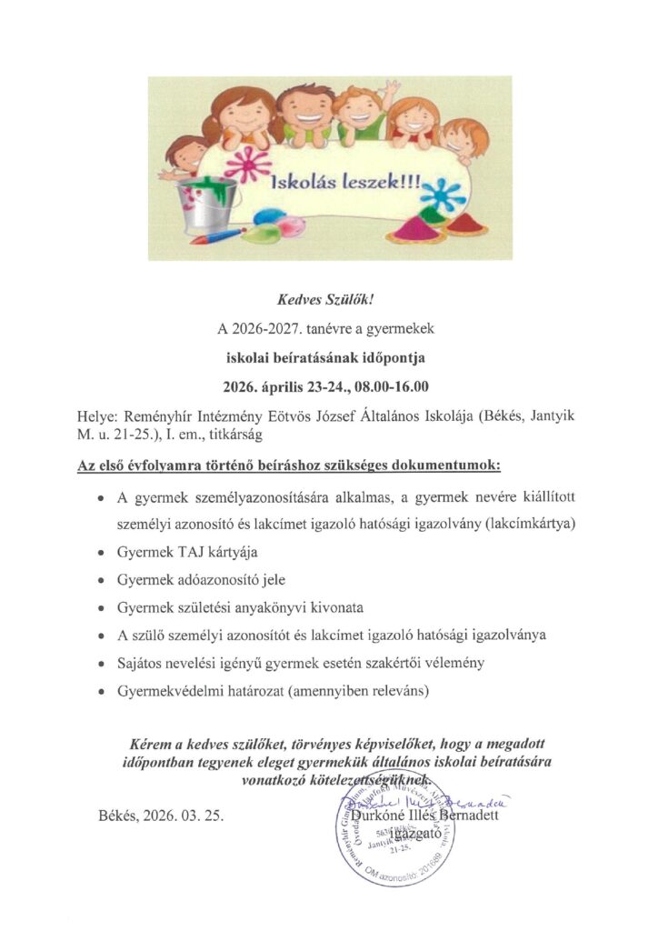 Iskolai beíratás: 2026. április 23-24. 2