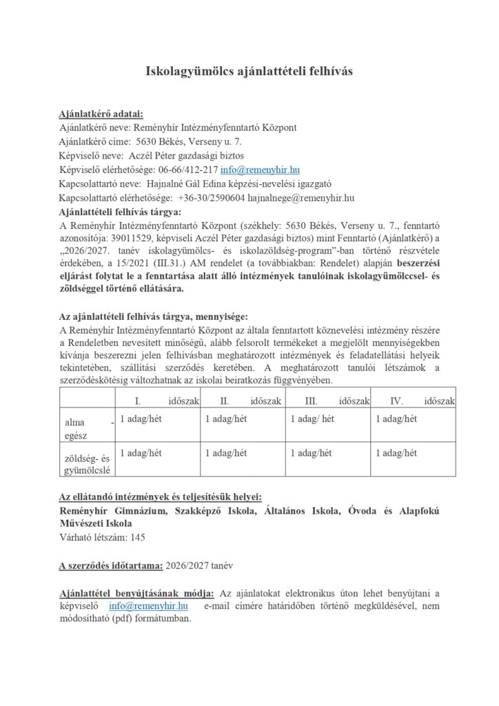 Iskolagyümölcs ajánlattételi felhívás - 2026/2027. 2