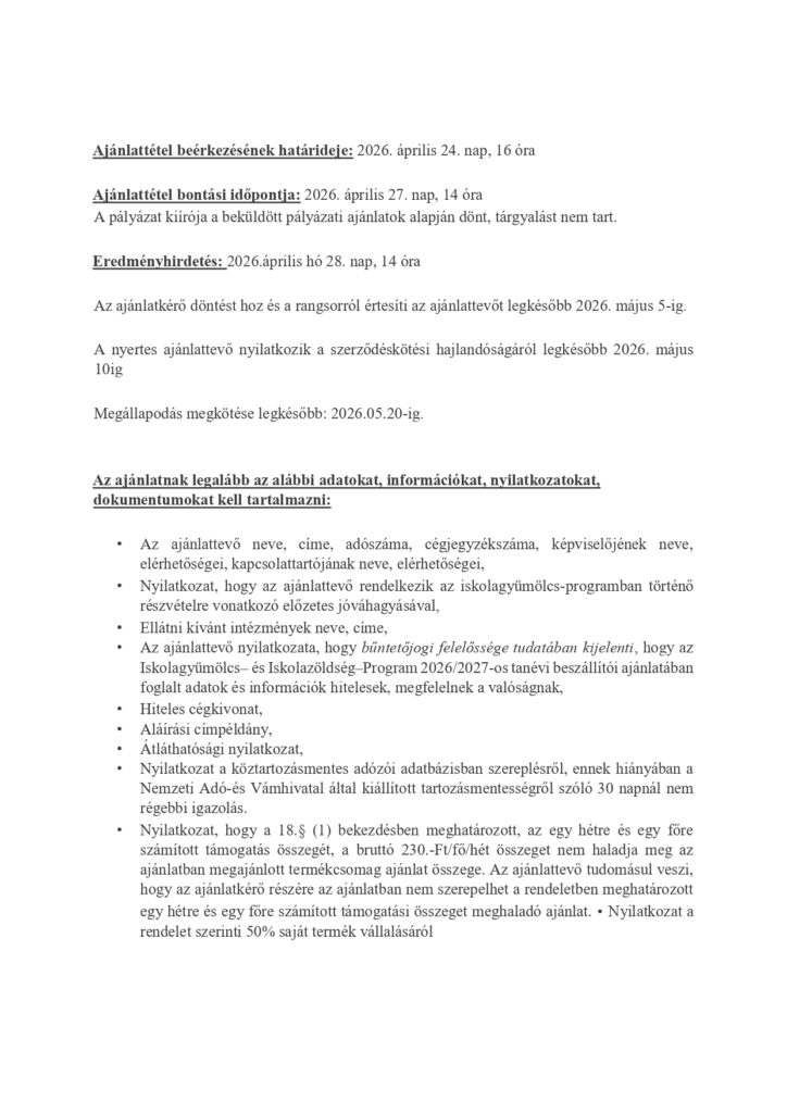 Iskolagyümölcs ajánlattételi felhívás - 2026/2027. 3